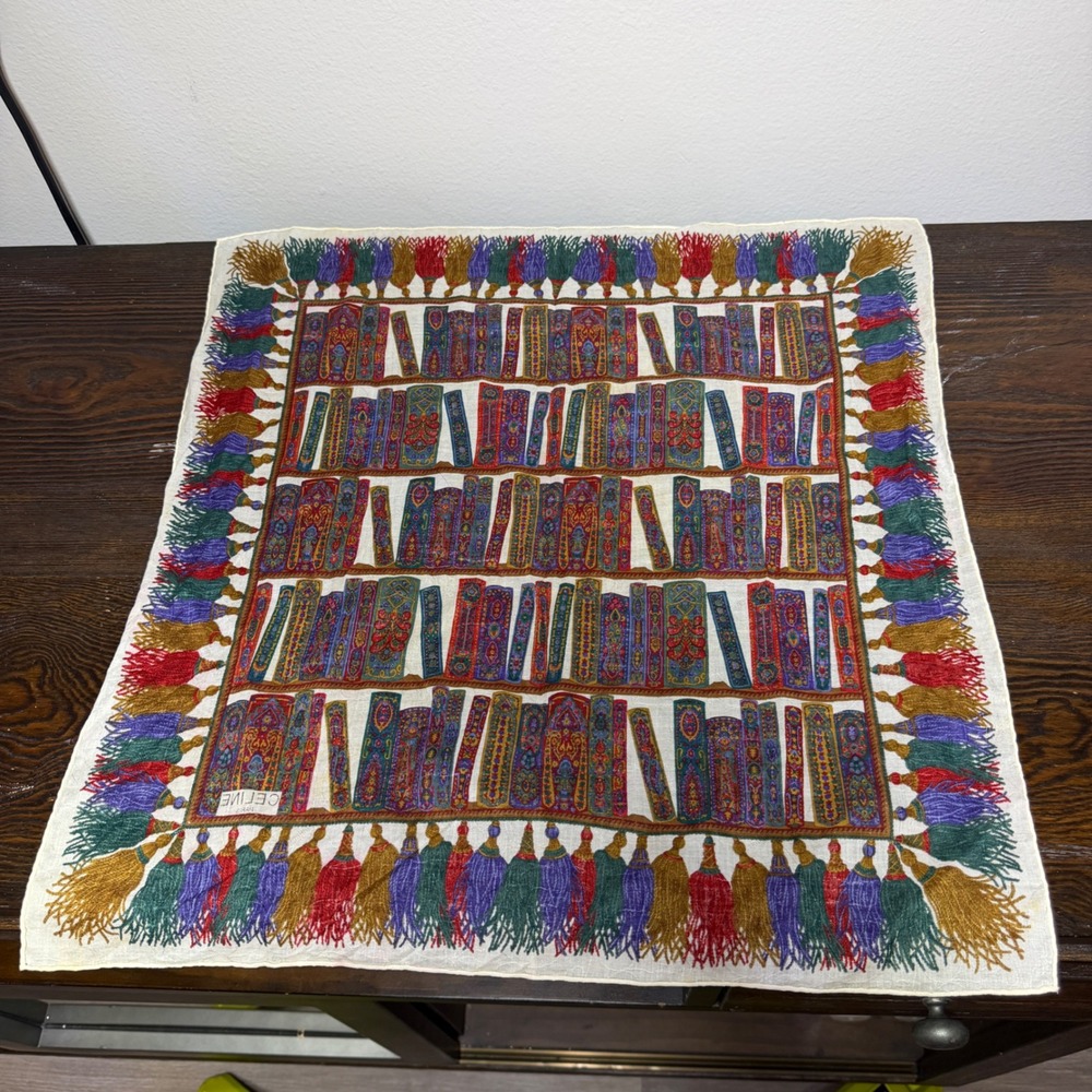 Vintage Celine Scarf 20x20 Multi Bookshelf Tassel Print Silk Cotton Handkerchief - Picture 5 of 6